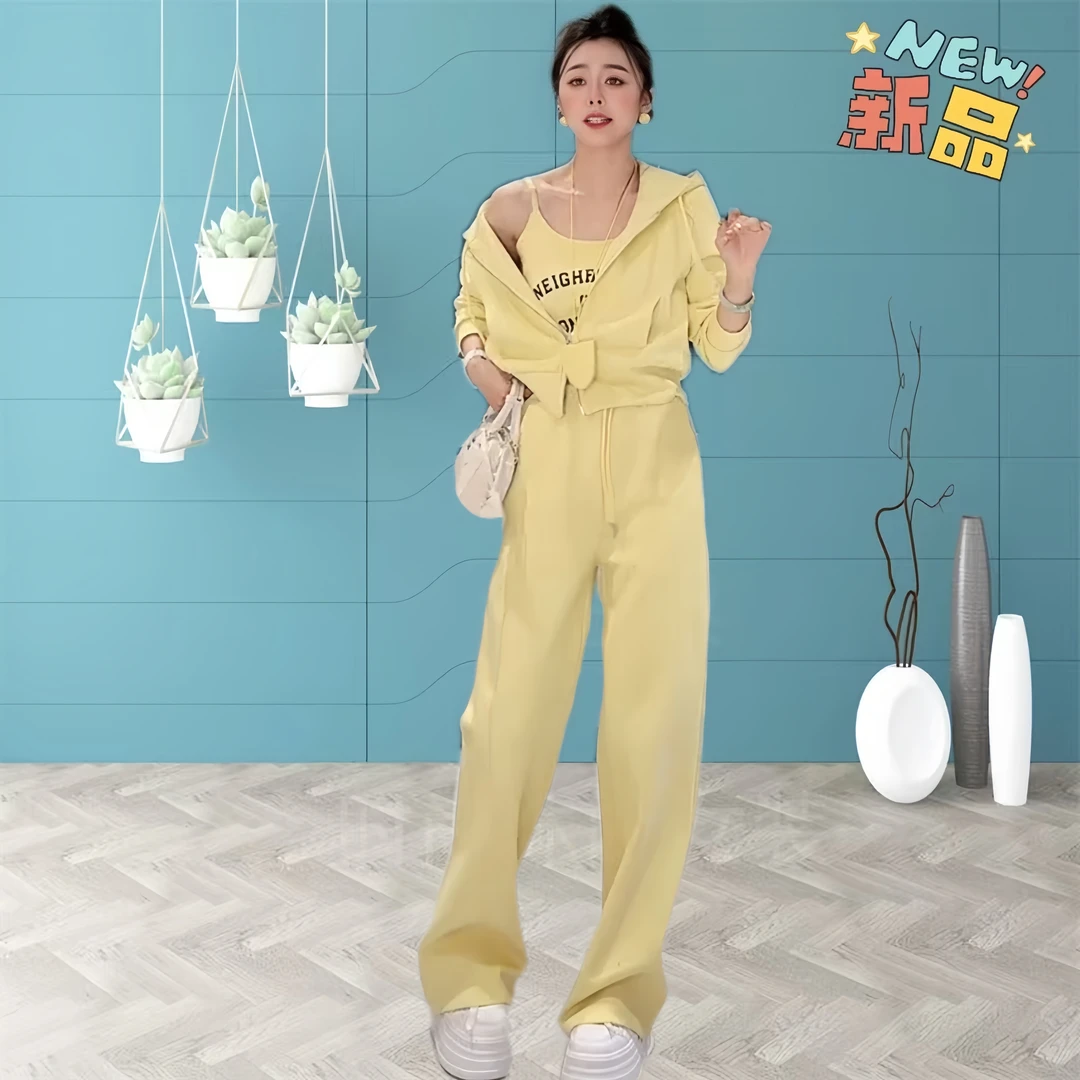 时尚休闲运动服套装女2025春秋季宽松连帽上衣字母背心卫裤三件套
