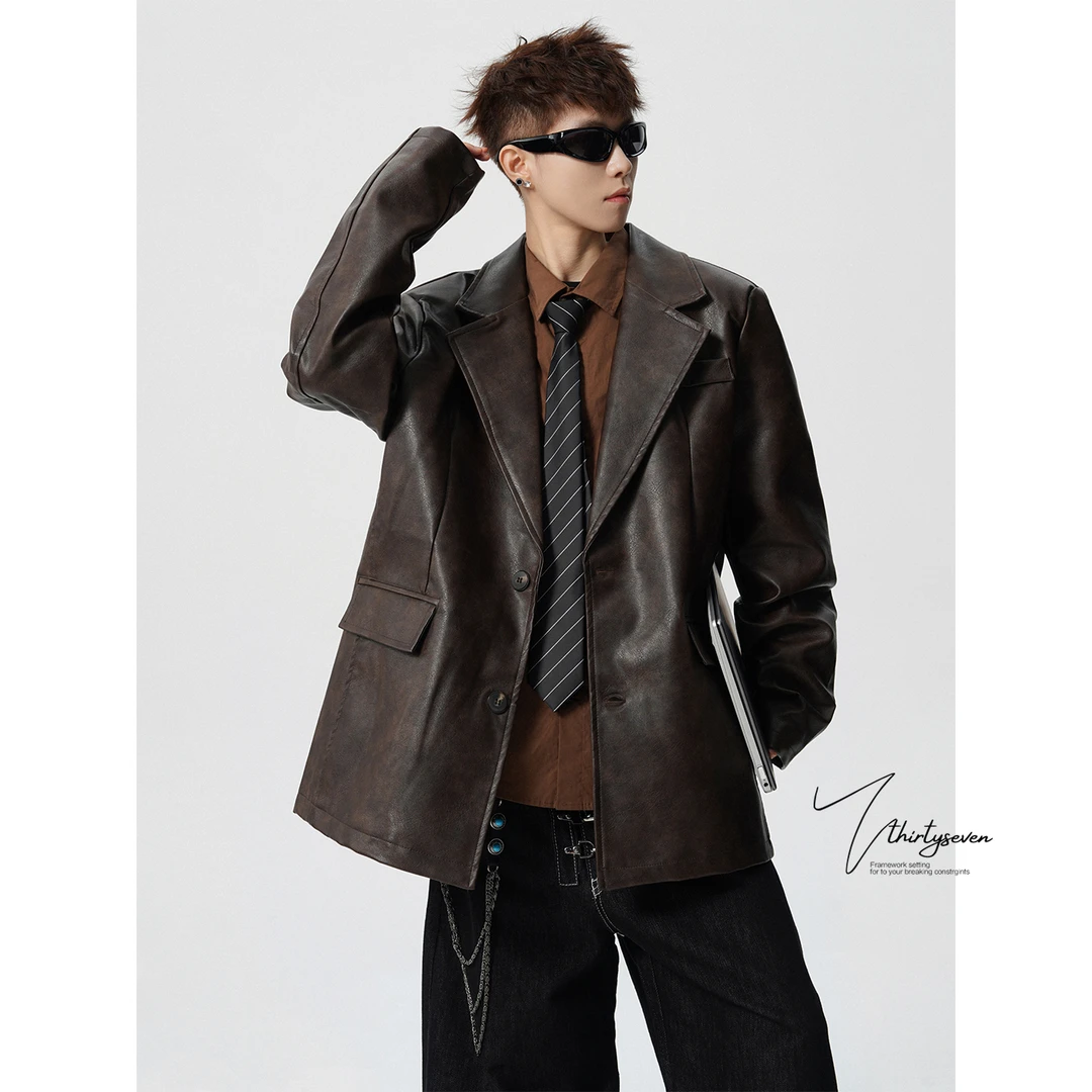 V37美拉德复古咖色夹克西服外套男秋季美式高级感廓形机车风皮衣