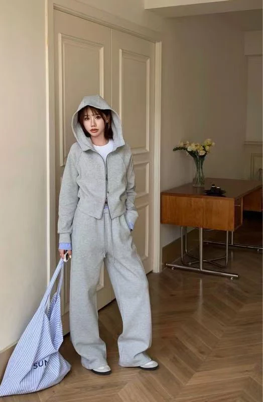 春季新款连帽卫衣阔腿裤时尚休闲运动套装女