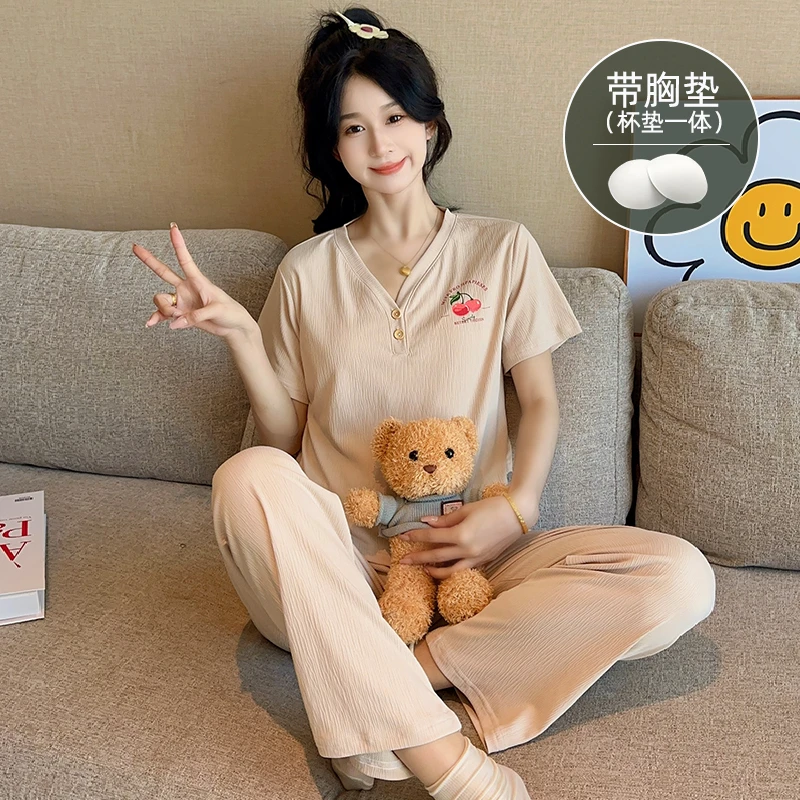 带胸垫睡衣女款爆款2025新款夏季薄款皱皱棉透气甜美女生家居服