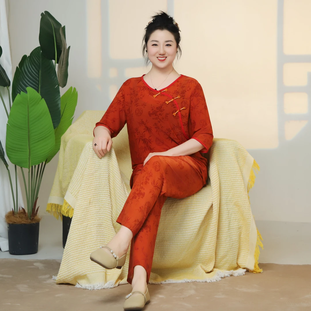 夏季国风睡衣女套装家居服冰丝大码高弹宽松遮肉显瘦四季款九分裤