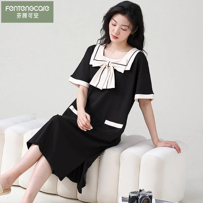 芬腾可安新款夏季法式纯棉短袖甜美可爱少女睡裙短袖可外穿家居服