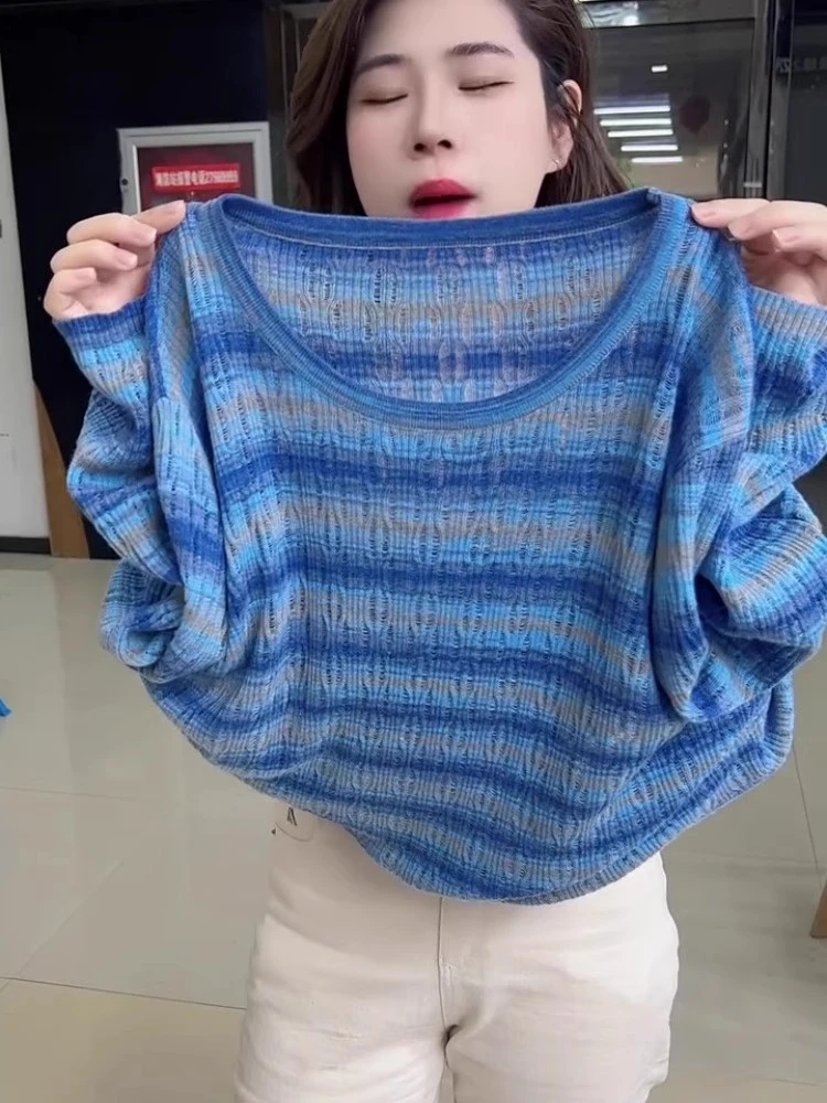 欧货破洞条纹毛衣2025温柔夏季复古慵懒设计感小众针织衫上衣潮