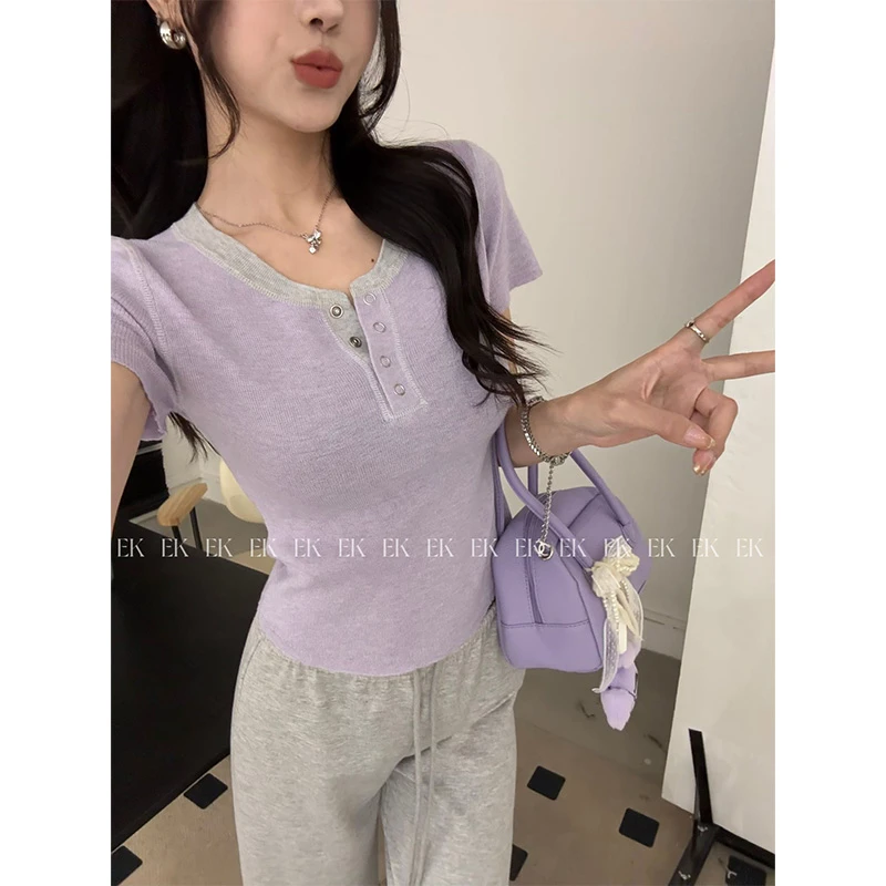 EK温柔气质韩系短袖T恤女2025夏拼接撞色修身显瘦小众上衣Y075