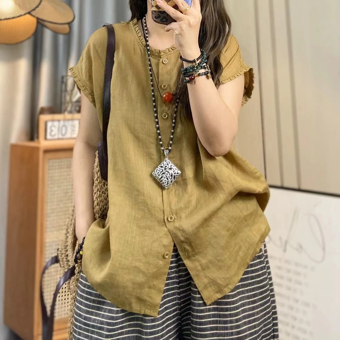 欣欣 木耳拼接衬衫法式夏季女式衬衫开衫夏季百搭气质文艺