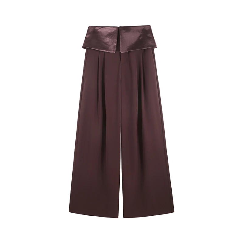 DENGDAHA 「大哈」夏拼接缎面休闲裤女宽松薄款阔腿裤SHBZU651553