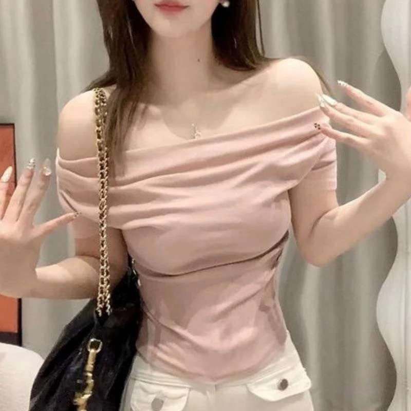 女装t恤甜美粉色一字肩修身T恤女夏日温柔荡领收腰短袖上衣t恤女