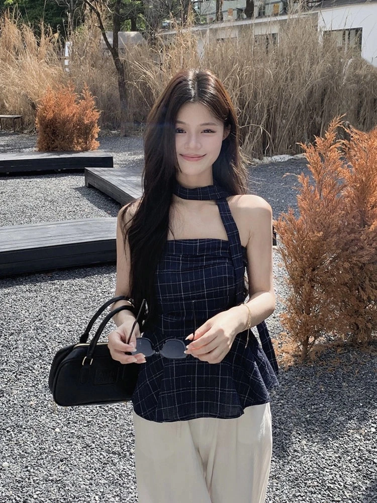 韩版辣妹格子抹胸背心女2025夏季设计感修身显瘦短款露肩蓬蓬上衣