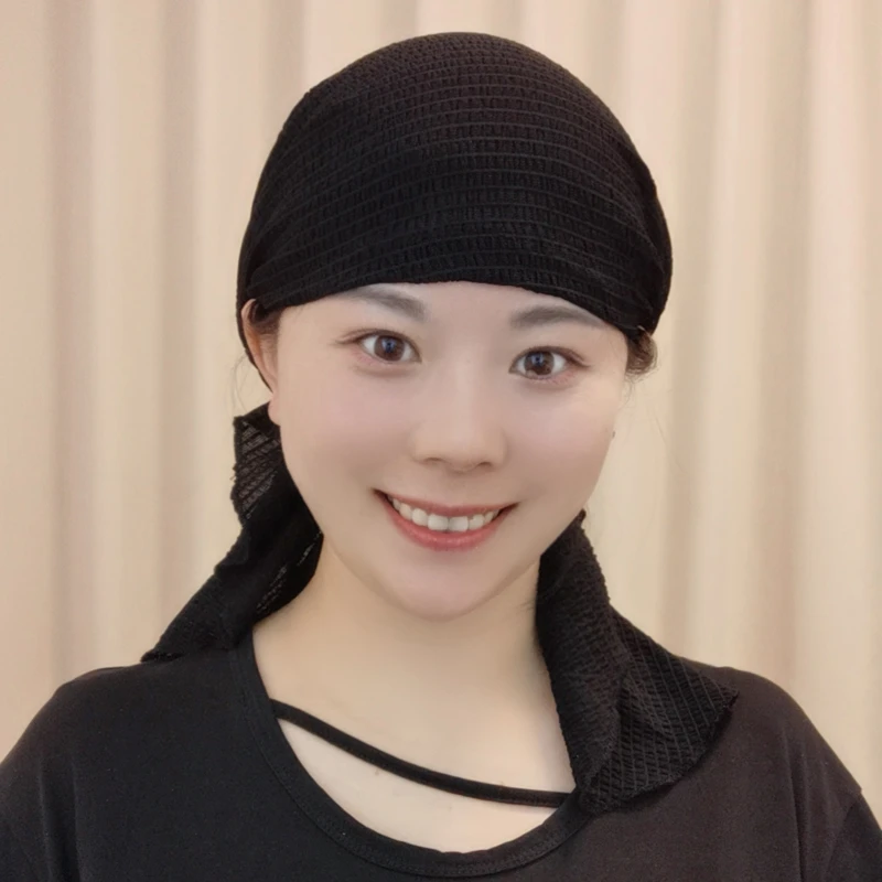 加大版网格纯色柔软帽子女洋气遮白发秋冬新款长飘带帽