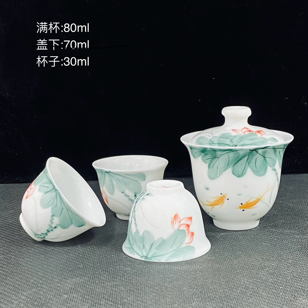 手绘绿荷美人肩盖碗四件套