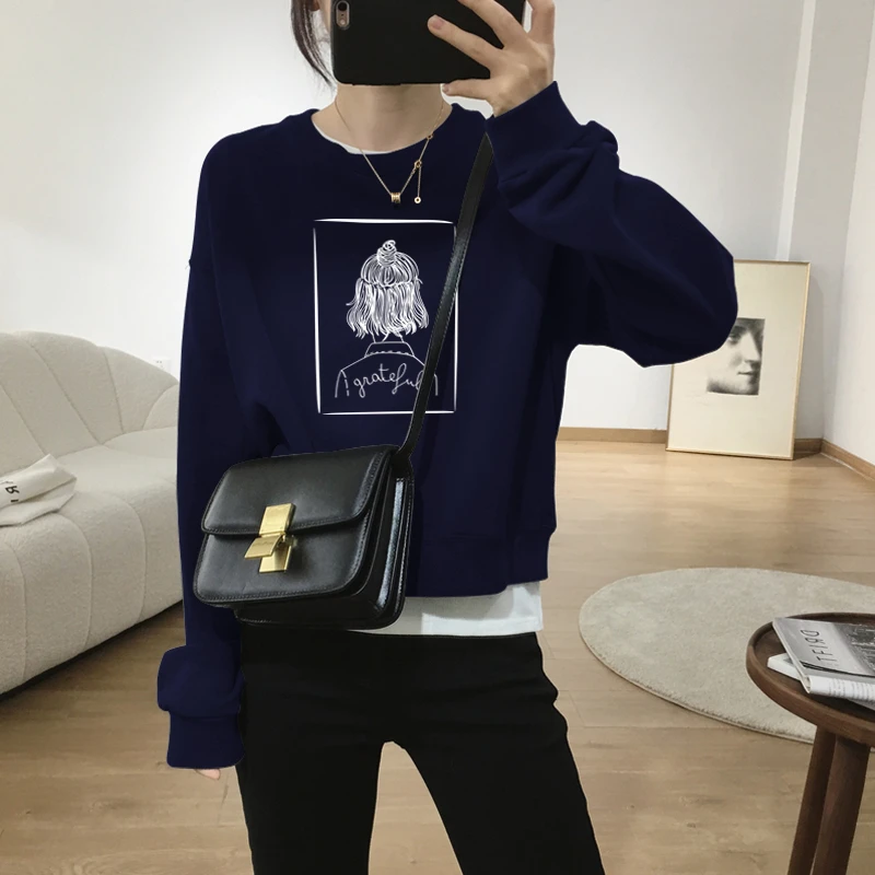 假两件圆领套头短款卫衣女加绒加厚秋冬上衣宽松小个子春秋薄款