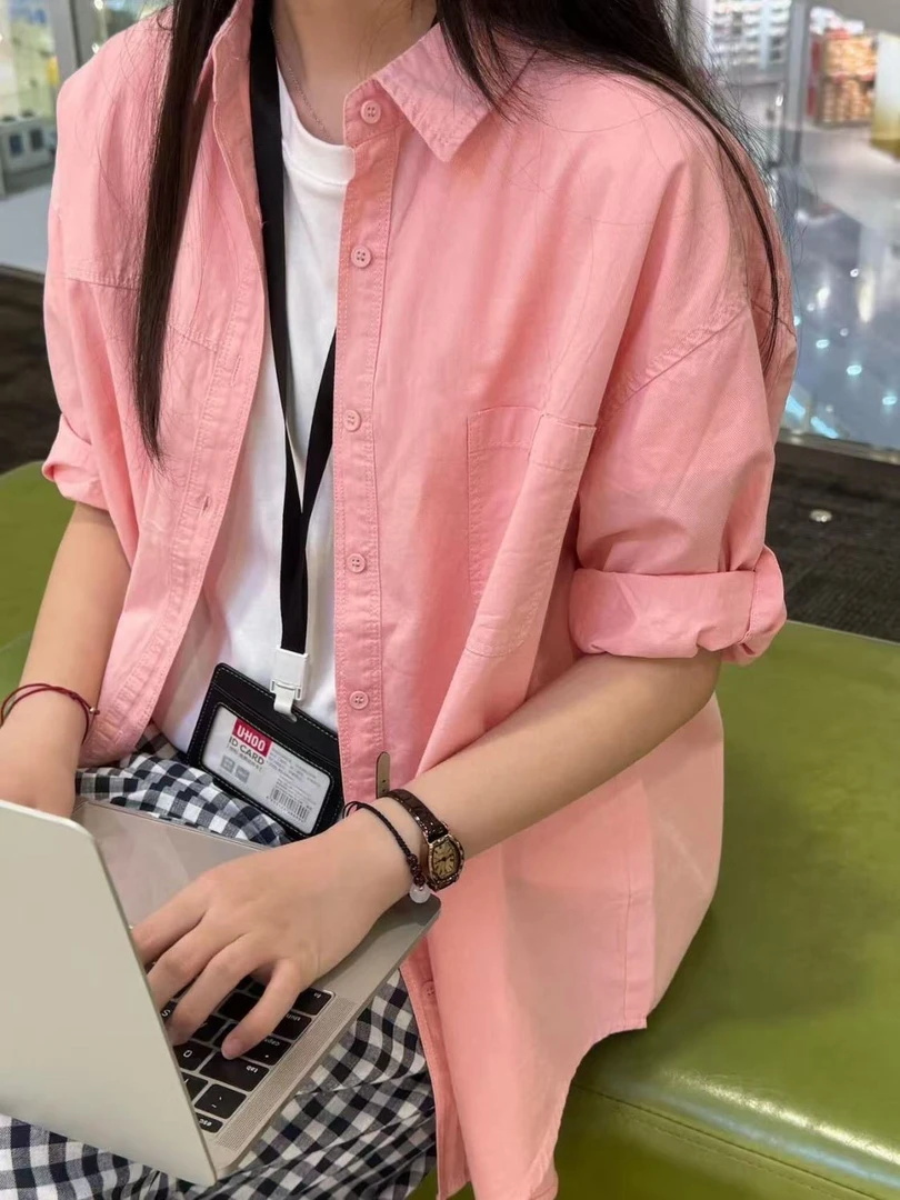 小个子外搭粉色纯棉衬衫女叠穿宽松百搭显瘦遮肉开衫上衣正肩衬衣