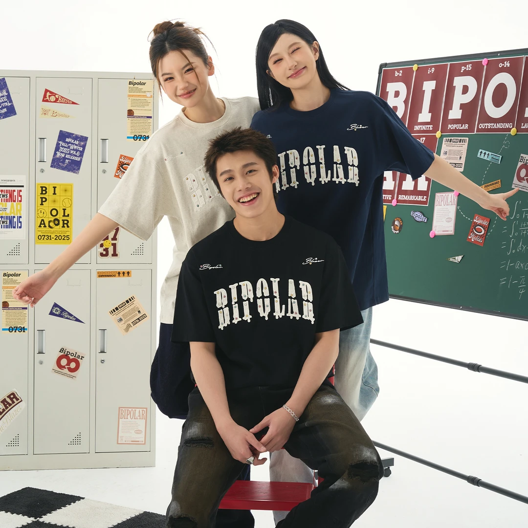 BIPOLAR彩色铆钉贴布运动夏季百搭宽松短袖T恤11B523