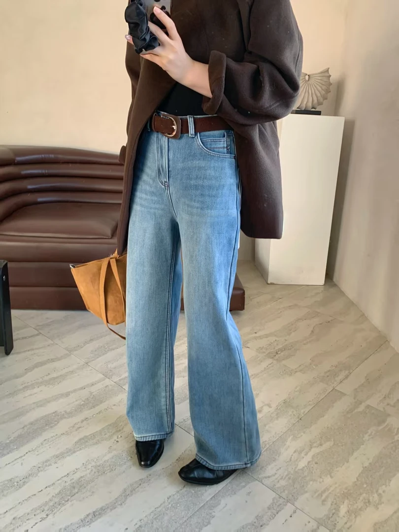 【静姐家】2197【加厚密密绒】秋冬时尚韩版百搭宽松直筒牛仔裤