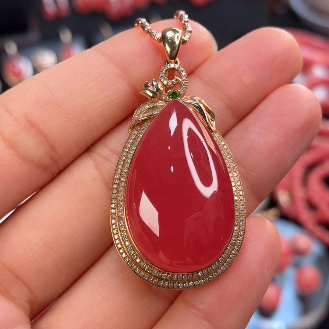 菱锰矿（红纹石）18K金镶嵌吊坠(不含链)
