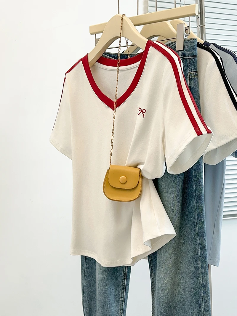 2025夏装新款胖mm大码女韩系休闲撞色刺绣蝴蝶结短袖T恤35191