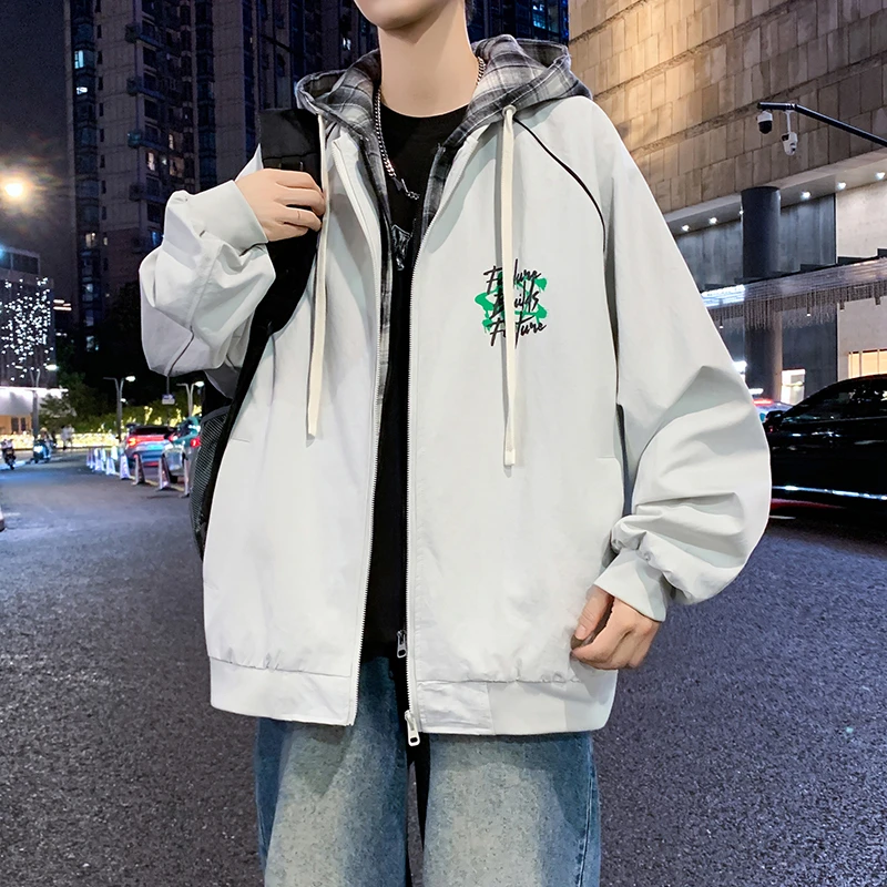 男生港风秋季新款时尚假两件夹克学生潮流百搭帅气印花连帽男外套