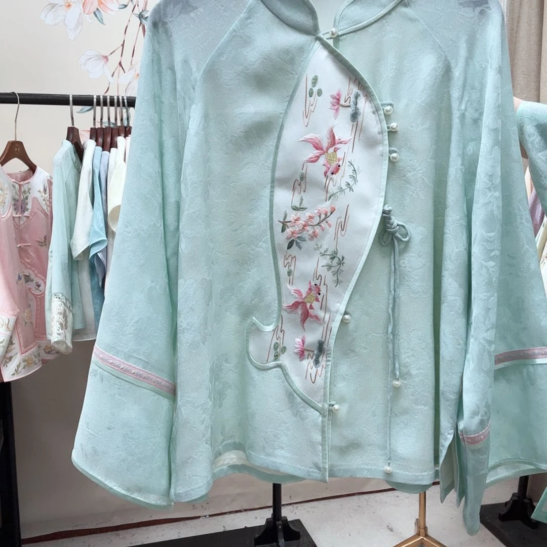 织绣真丝蓝色长袖上衣