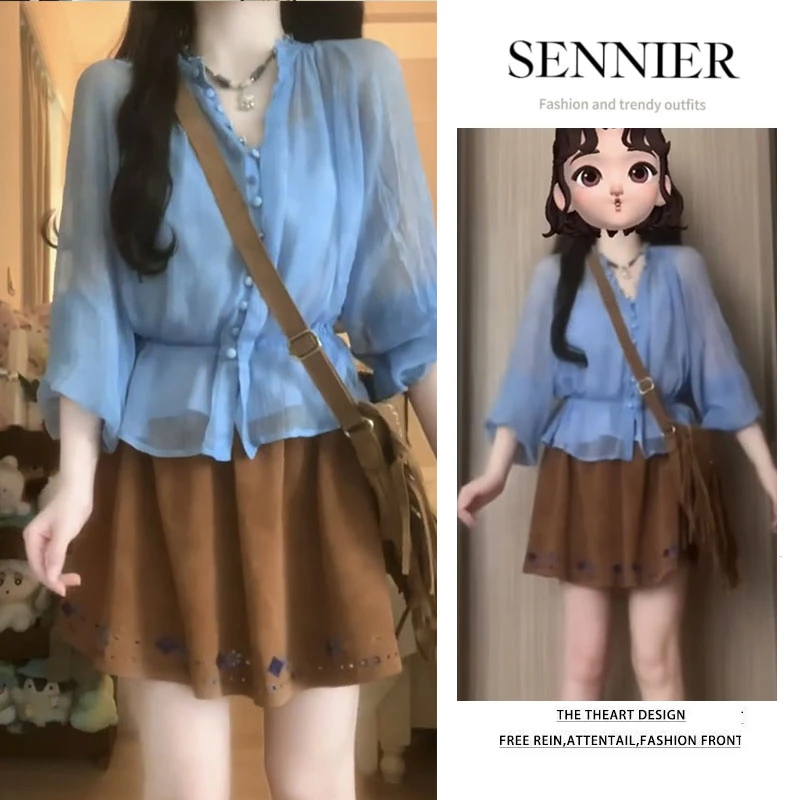 【现货】2025夏季爆款韩系蓝色防晒衬衫上衣女复古绣花半身短裙套装