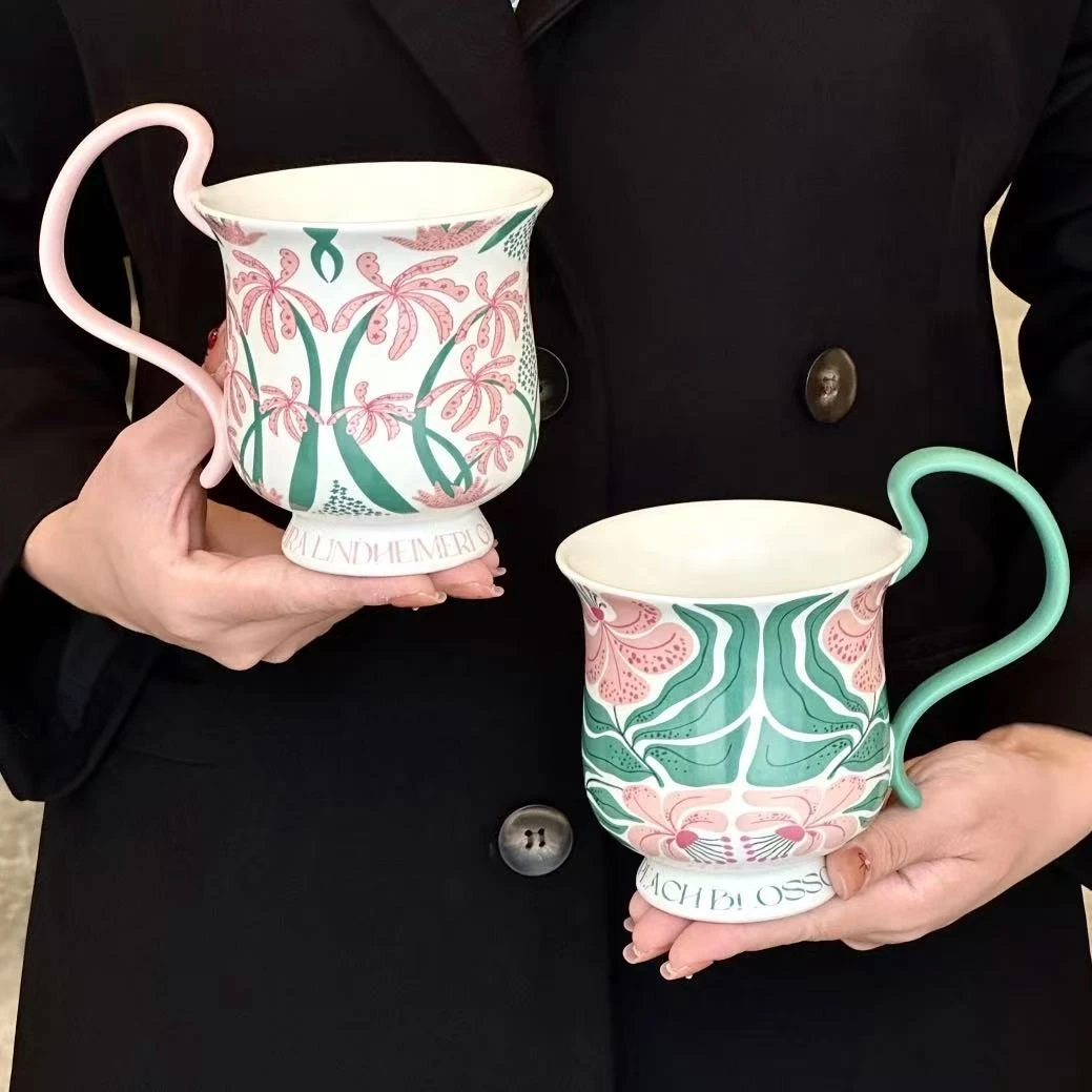 法式复古彩绘马克杯早餐杯高颜值耐高温高杯把大容量