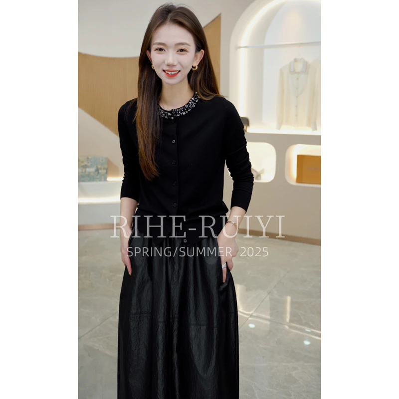 R H 【钉珠扬子纱】140s扬子纱精纺羊毛纯色款长袖毛衣开衫W5077