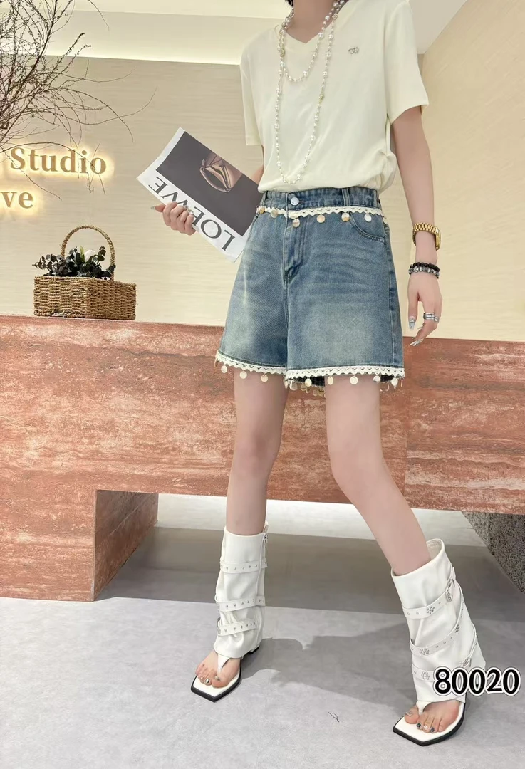 80020大码a字高腰牛仔夏季新款宽松贝壳流苏波西米亚风直筒热裤