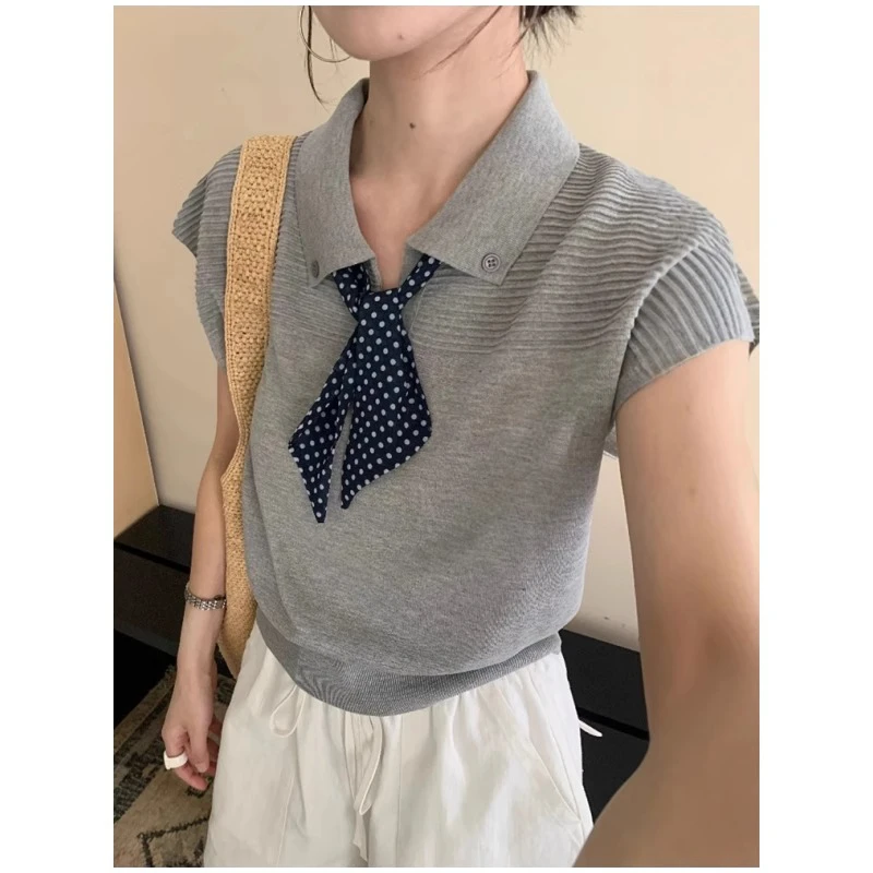 POLO领波点丝巾冰丝无袖针织衫背心t恤女2025新款时尚漂亮小上衣