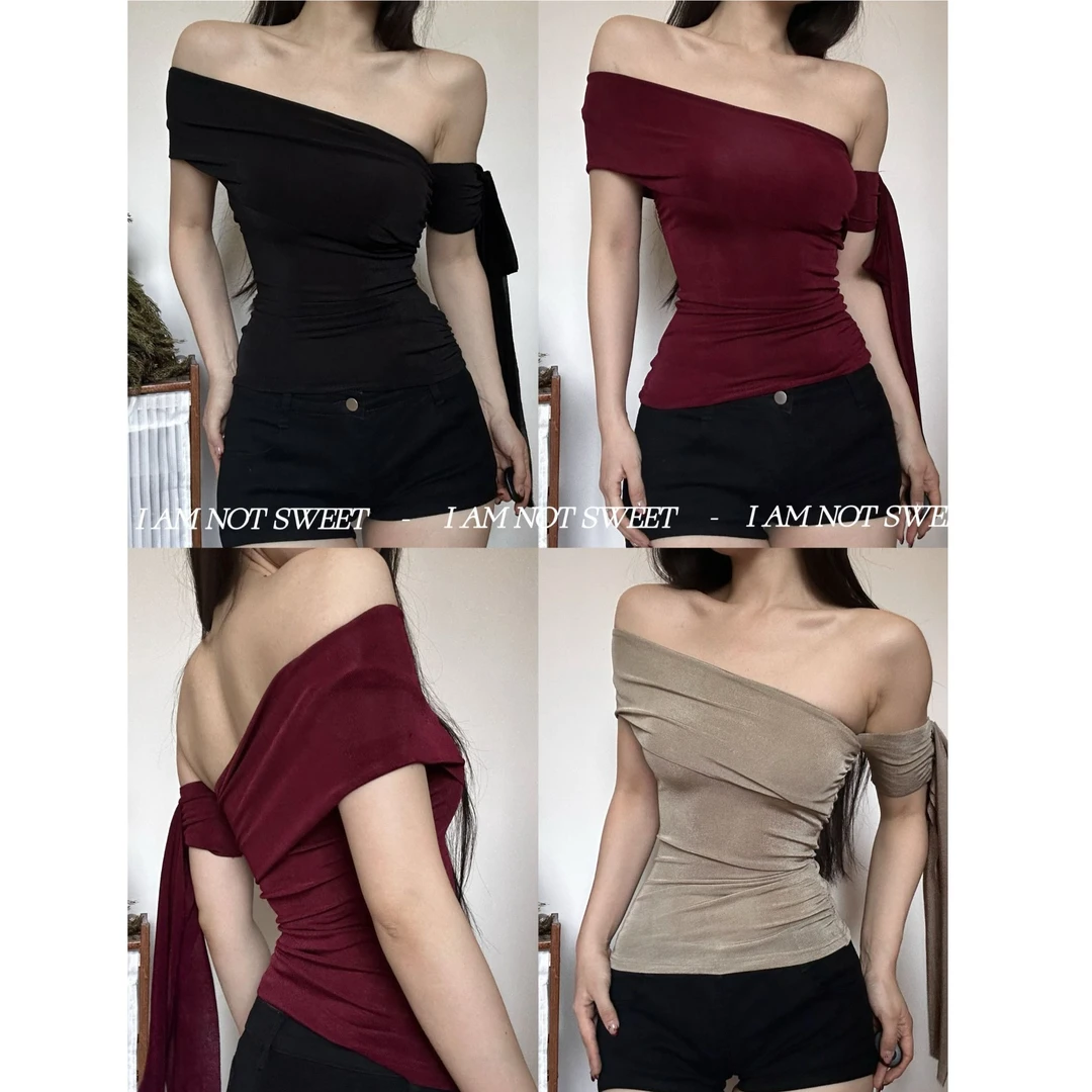 【花花不甜】银河飘飘 辣妹显瘦斜肩翻领飘带上衣打底