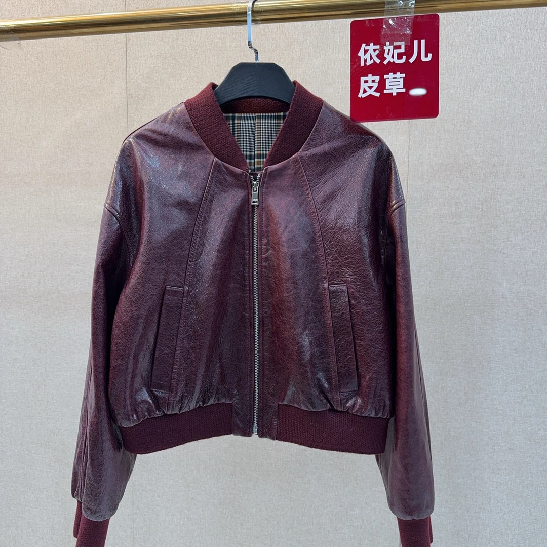 欧货绵羊皮复古做旧女士皮夹克真皮宽松显瘦棒球服款女士立领皮衣