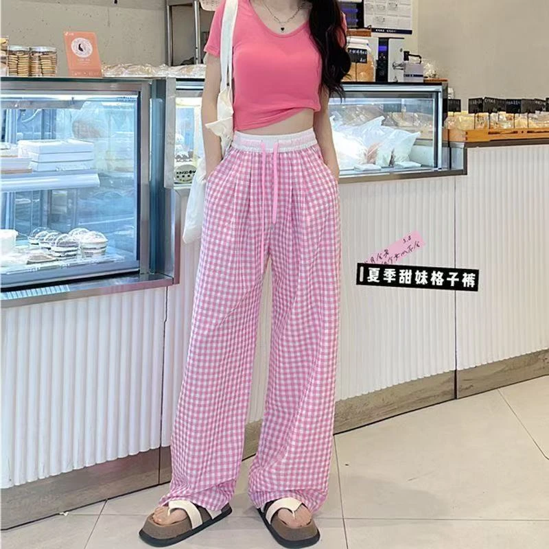 【运补6-10】格子女春夏2025新款高腰宽松休闲山本裤直筒阔腿裤薄
