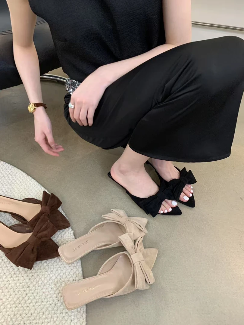 Y 136-3 法式复古蝴蝶结露趾尖头小猫跟拖鞋女夏外穿2024年新款