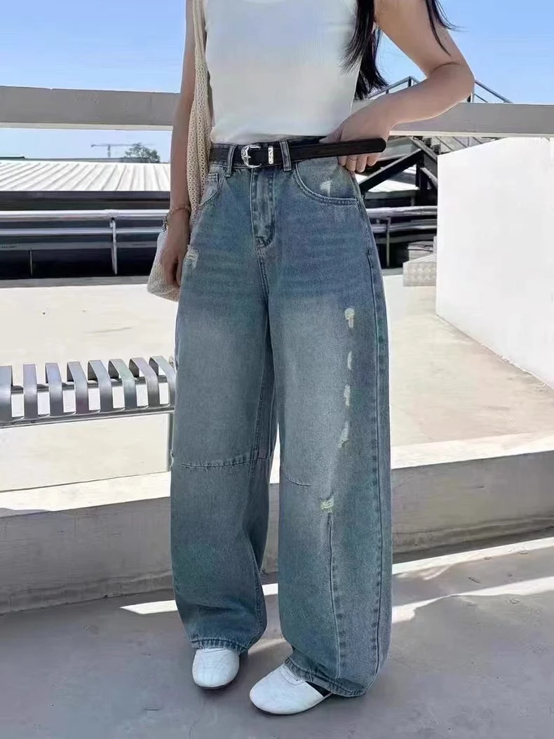 2025夏60716破洞显瘦弯刀直筒裤高腰女牛仔裤薄