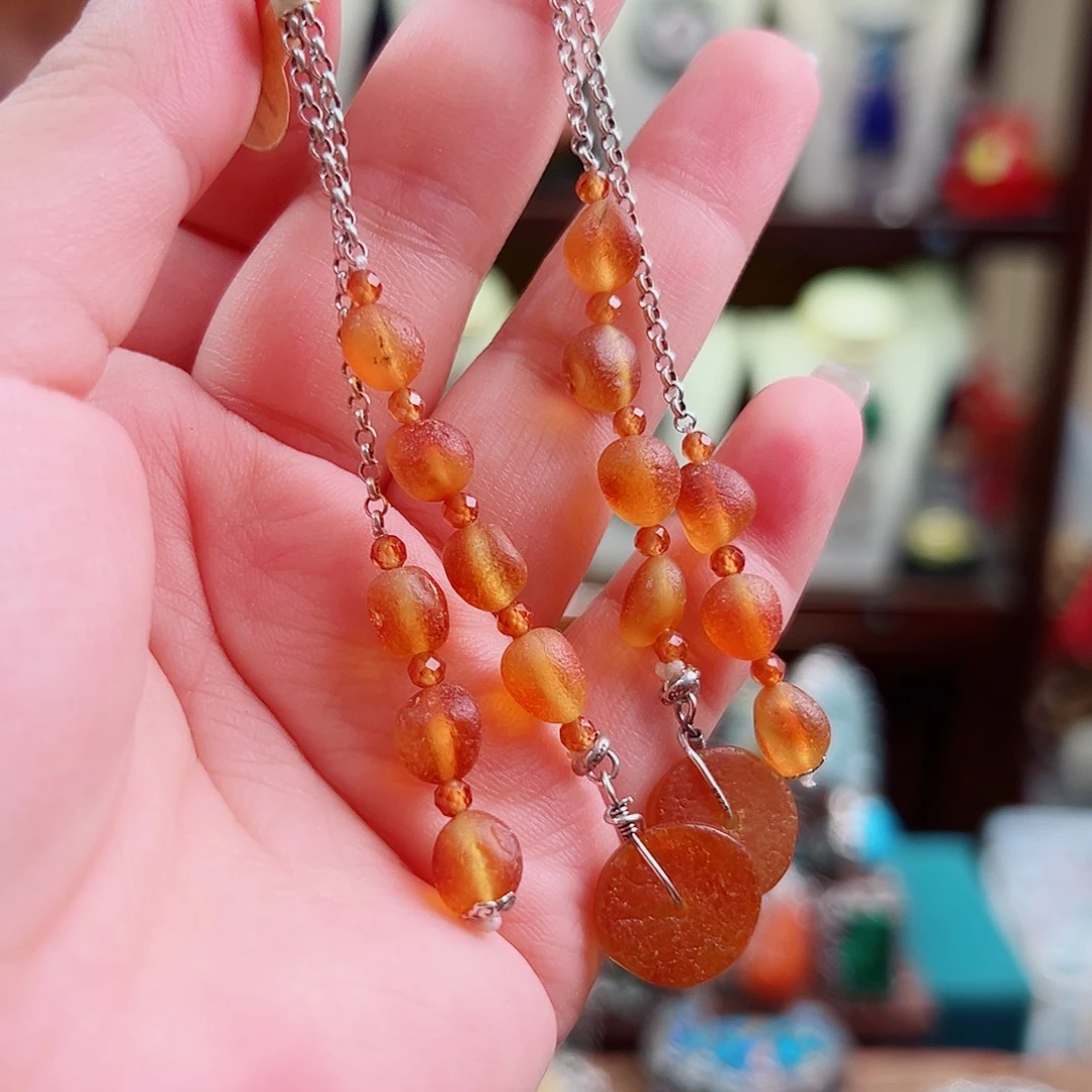 琥珀未镶嵌挂件耳环