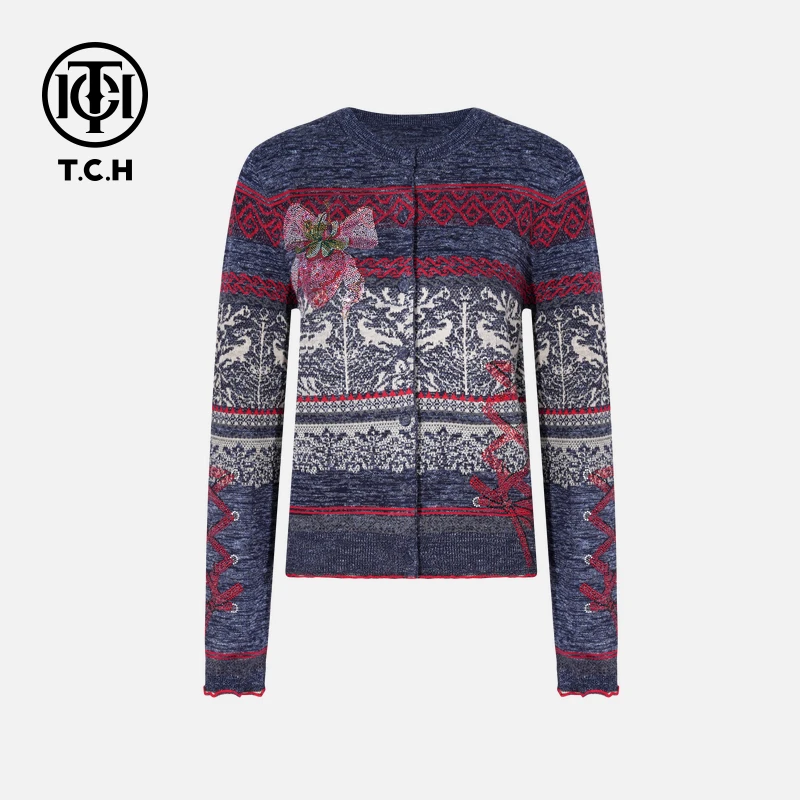 下架款钻工艺时尚休闲百搭秋冬针织开衫女T75C43E5022轻奢tch