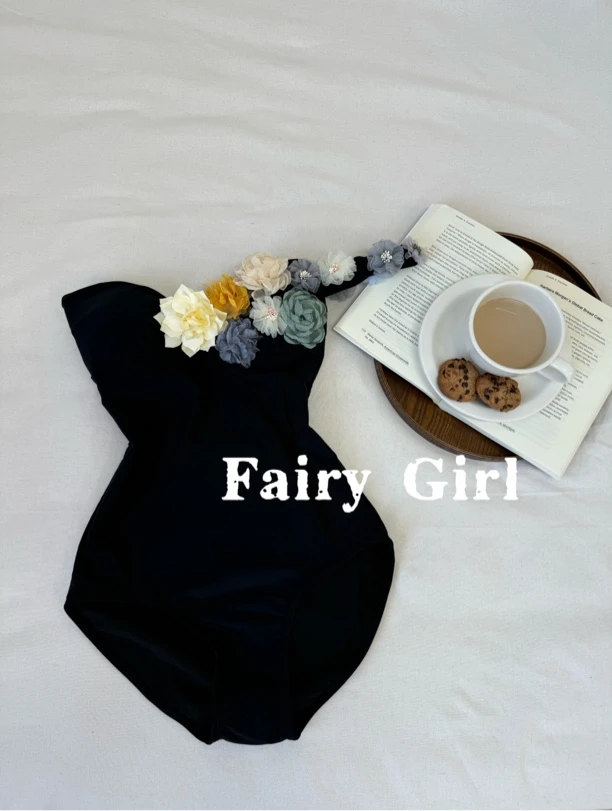 【花時】高级感重工立体花朵单肩性感连体显瘦海边度假泡温泉泳衣