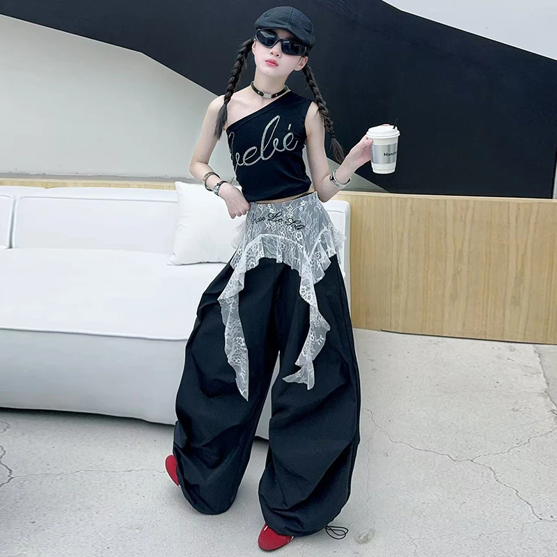 【嘻嘻柚】女童背心蕾丝工装裤两件套夏季新中大童街舞服装套装