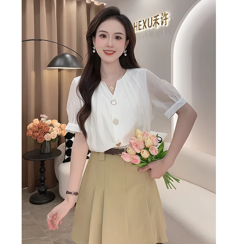 法式高级感纯色短袖衬衫女2024年夏季新款时尚气质百搭上衣