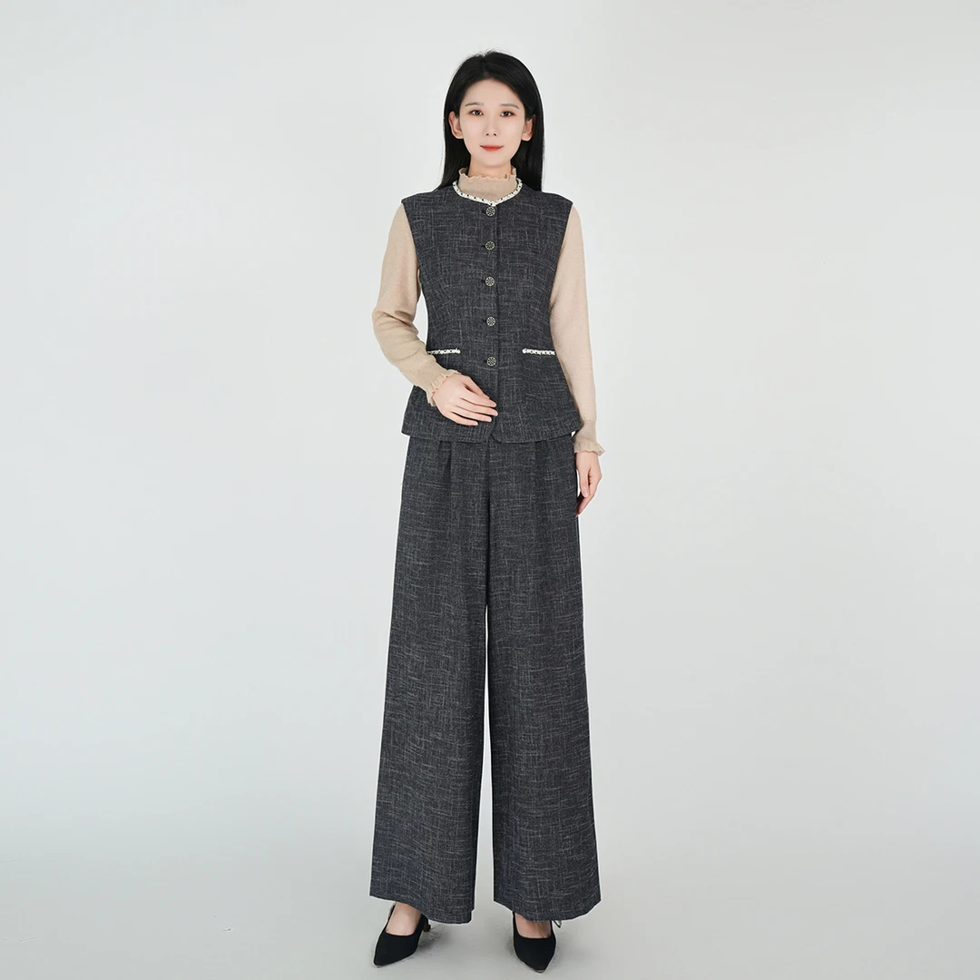 国风收腰秋季精致显瘦女穿搭通勤无袖套装WH05006806+WK05006806
