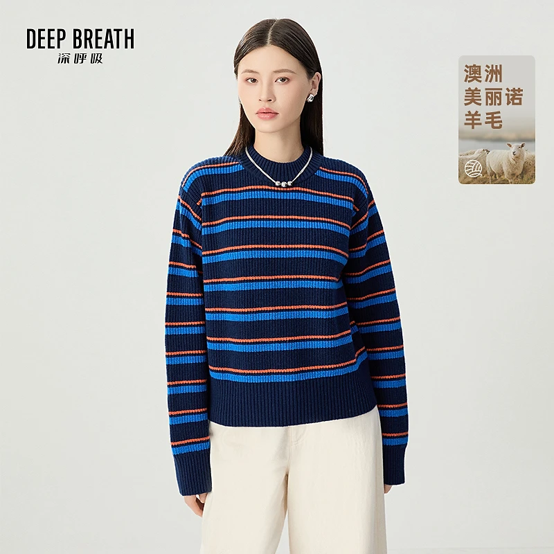 DEEP BREATH深呼吸女装圆领复古拼色条纹宽松羊毛针织衫A301637