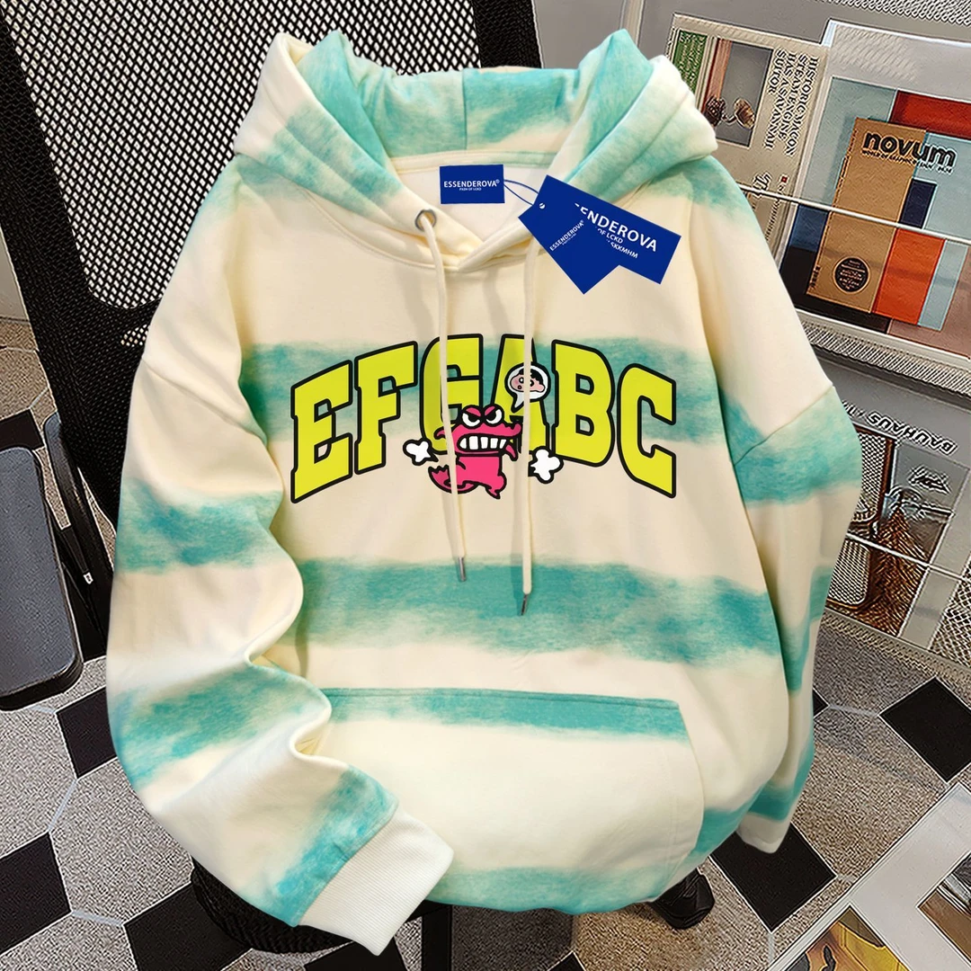 日系可爱新款韩版扎染横条连帽卫衣女秋冬季加绒加厚宽松显瘦上衣