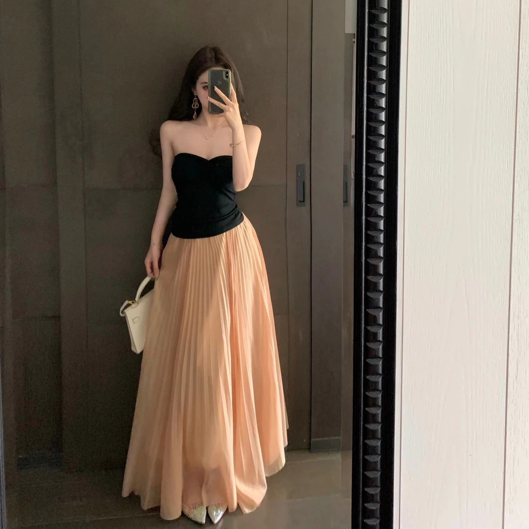 法式气质套装2025夏季新款抹胸上衣高腰网纱百褶半身裙 两件套女