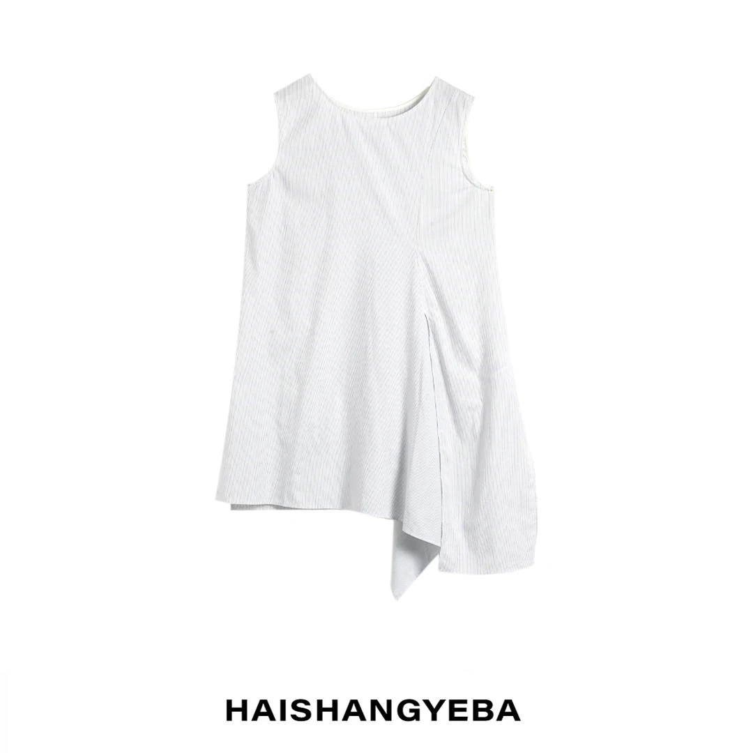 【海上叶爸】新款2025夏季百搭棉圆领宽松休闲细条纹连衣裙