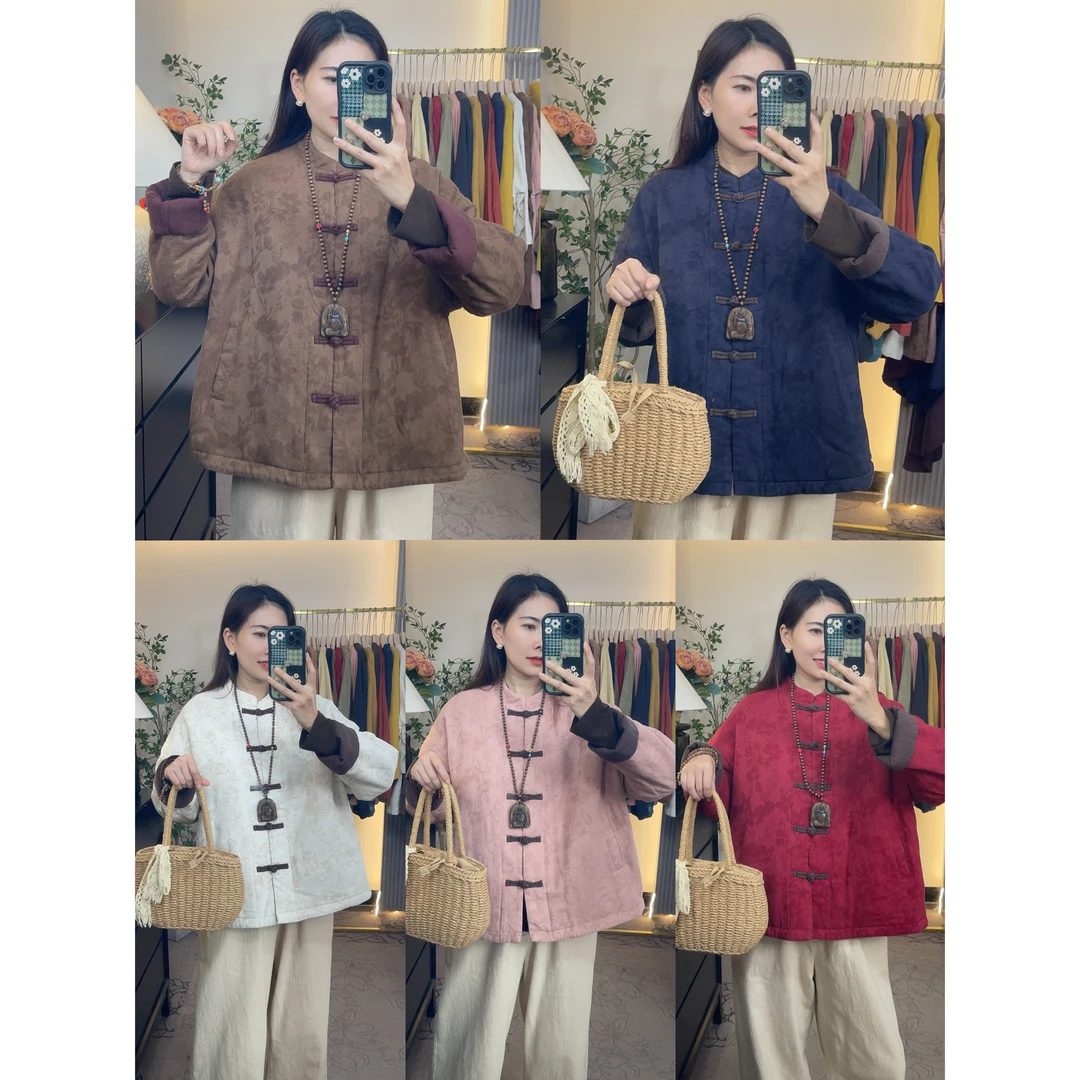 花汐语【中锦】高品质亚麻提花盘扣棉服外套女上衣