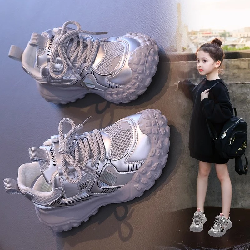 ABC女童运动鞋2025夏季小女孩跑步鞋儿童防滑软底老爹鞋透气网鞋