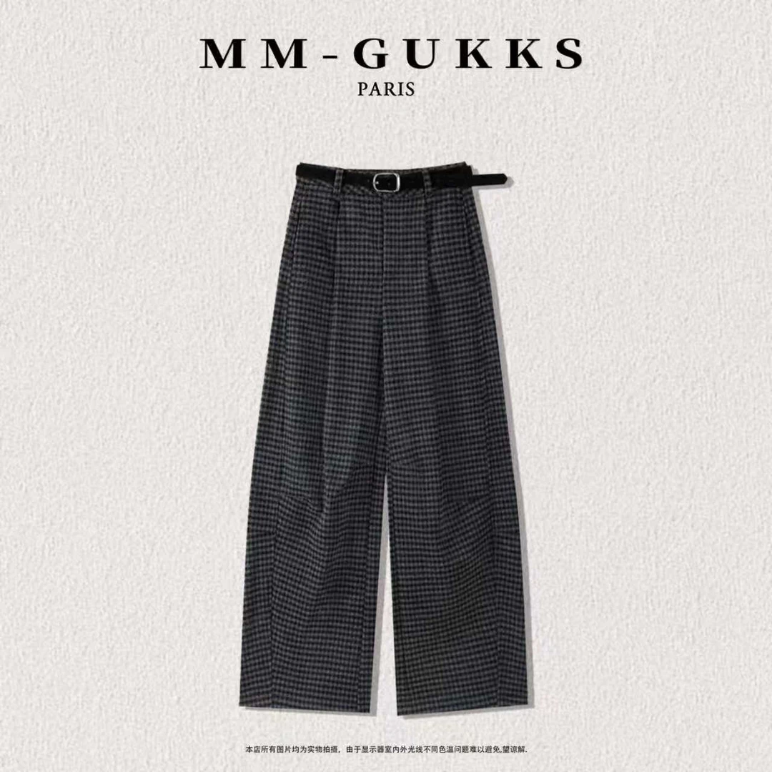 明明GUKKS『宽松格子』秋冬慵懒风格子毛呢垂感宽松阔腿裤（配腰带）
