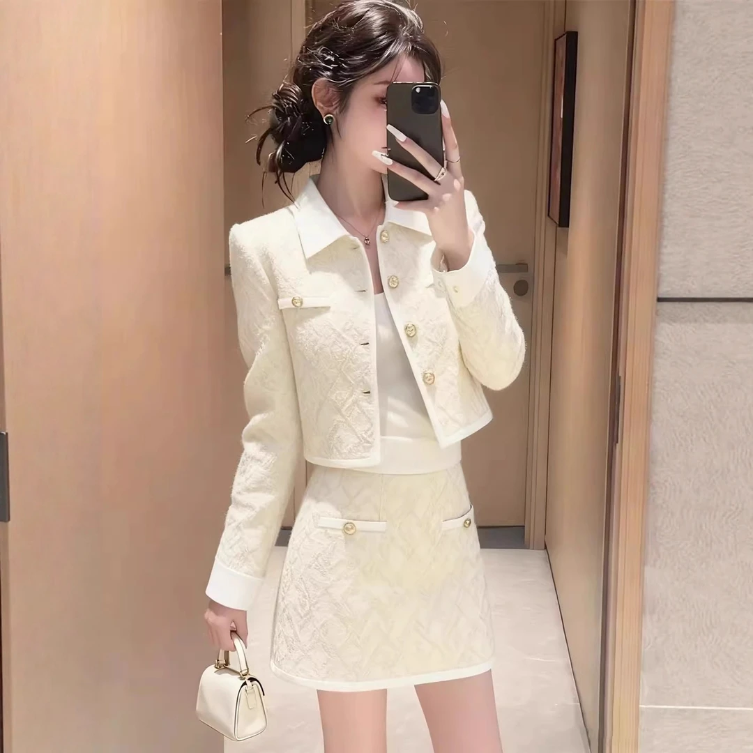 小香风白色翻领短外套百褶裙套装女千金风高级感气质淑女风两件套