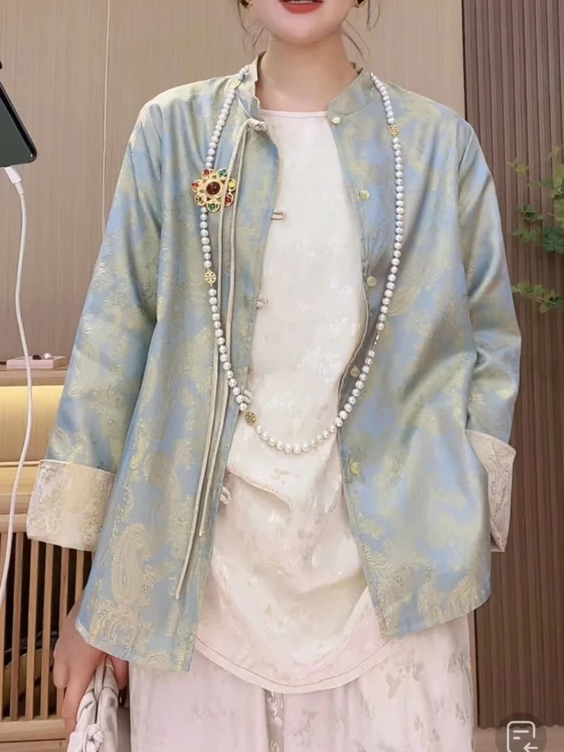 新中式女装国风高级感缎面衬衫春夏气质唐装两面穿开衫上衣短外套