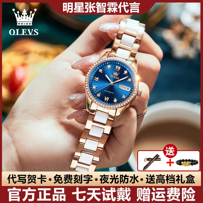 瑞士认证奢华钻圈女士手表夜光防水全自动机械表潮流简约双日历女