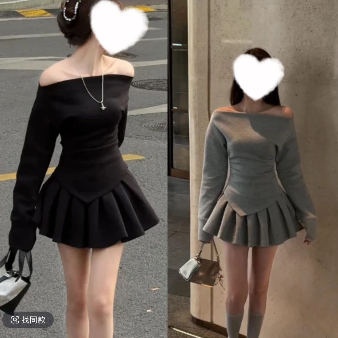2025春季新款气质短款休闲一字肩卫衣百褶半身裙修身辣妹套装女