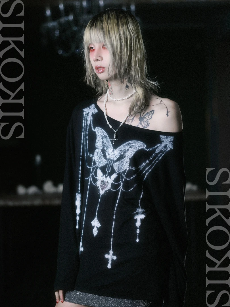 sikokis Morpho Helena 蝴蝶锁链露肩t恤